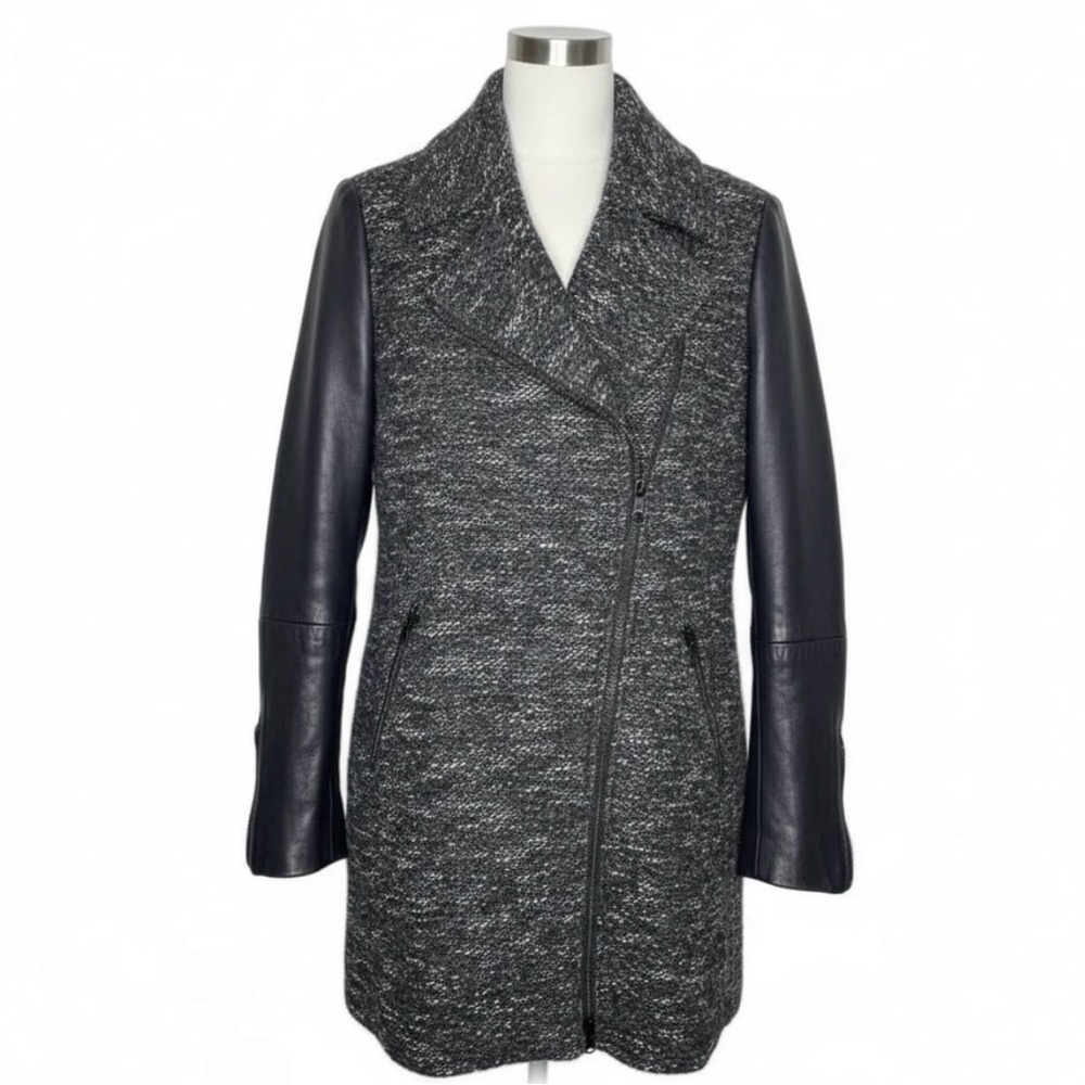 Club Monaco Taylor Zip Up Lambswool Leather Sleeve Sweater Jacket Moto Size XS